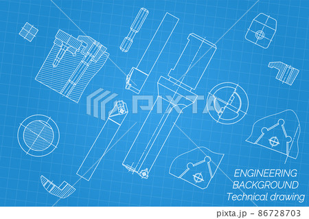Mechanical engineering drawings on blue background. Tap tools, borer, cutting tools, milling cutter. Technical Design. Cover. Blueprint. Vector illustration. 86728703