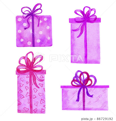 Watercolor hand drawn illsutration of pink purple fuchsia gift boxes. Bright lilac birthday presents celebration surprise. Girly wrapping packages with hearts polka dot. Ribbow bows. 86729192