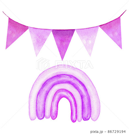 Watercolor hand drawn illustration of pink purple fuchsia birthday flags on rope, party decor for kids girl. Boho bohemian rainbow in pastel soft colors, happy birthday cards invitations. Watercolor hand drawn illustration of pink purple fuchsia birthday flags on rope, party decor for kids girl. Boho bohemian rainbow in pastel soft colors, happy birthday cards invitations. 86729194