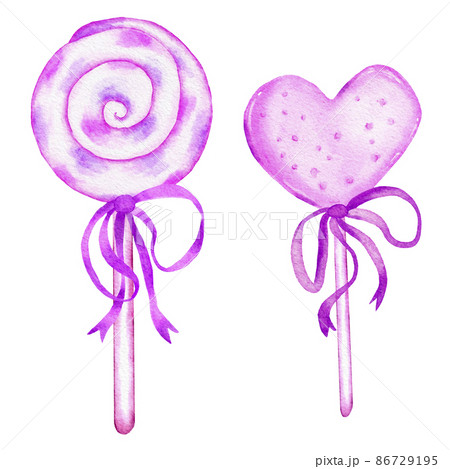 Watercolor hand drawn isolated illustration of pink purple candy, pastel candies sweets dessert. Bright party food, elements for birthday baby shower decor. Swirl lollipop hard sugar bonbon in polka Watercolor hand drawn isolated illustration of pink purple candy, pastel candies sweets dessert. Bright party food, elements for birthday baby shower decor. Swirl lollipop hard sugar bonbon in polka 86729195