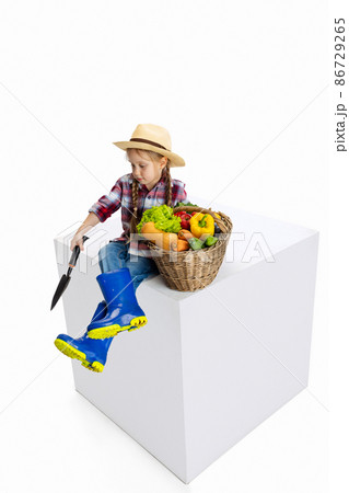 One cute little girl, emotive kid in image of farmer, gardener with large basket of vegetables isolated on white background. Concept of job, work, childhood, games One cute little girl, emotive kid in image of farmer, gardener with large basket of vegetables isolated on white background. Concept of job, work, childhood, games 86729265