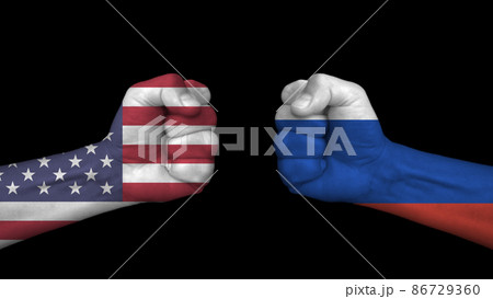 USA vs versus Russia. The new cold war between the USA and Russia for the Ukraine territory, on black background 86729360