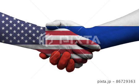 USA and Russia make a deal on the disputed Ukraine territory, shaking hands on a white background 86729363