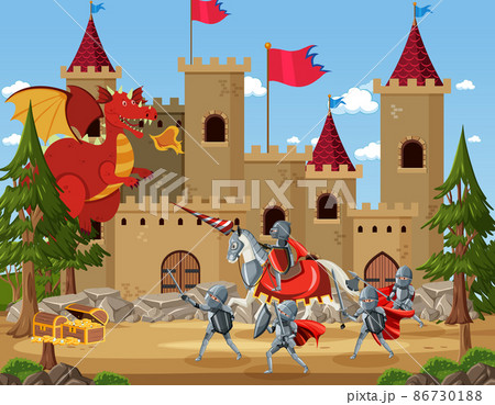 Medieval scene with knights fighting with ancient dragon 86730188