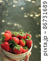 Fresh strawberry in a bowl on hand for breakfast with copy space. 86731689