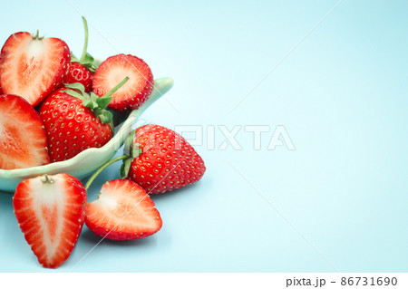 Top view of red strawberry on pastel background with copy space. 86731690