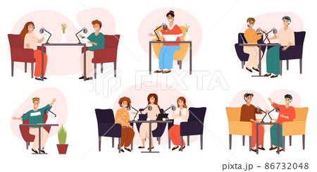 Live streaming, broadcast flat vector illustration. Male and female social media network bloggers collaboration. Online broadcast or recording of interviews. People collection of scenes 86732048