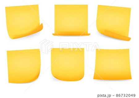 Realistic square yellow paper sticky memo notes. Office reminder sticker pages with curled corners. Yellow stick note isolated on white background, vector illustration 86732049