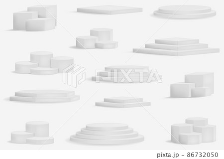 Realistic winner podium. 3D round and square stages. Stepped exhibition or award ceremony platforms set. Showroom pedestals, floor stage platform vector isolated mockup 86732050