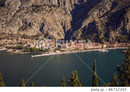 Old city. Kotor. Montenegro. Narrow streets and old houses of Kotor at sunset. View of Kotor from the city wall. View from above 86732265