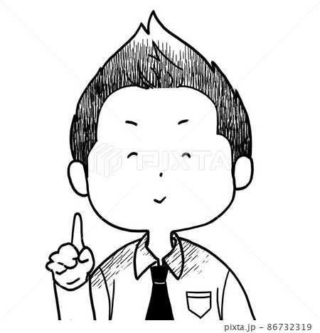 男性ゆるいキャラクターイラストサラリーマン喜び白黒指差し 男性ゆるいキャラクターイラストサラリーマン喜び白黒指差し 86732319