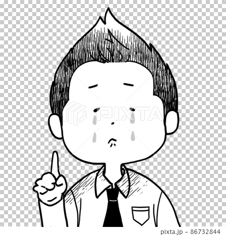 ゆるい男性キャラクターイラスト泣く指差し白黒 86732844