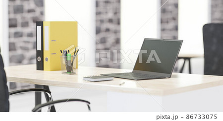 modern office with laptop notebook and files on wooden desk with bright day lighting and big windows 3d render illustration 86733075