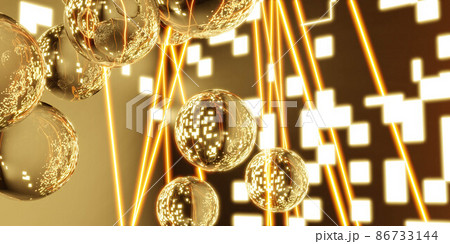 yellow laser beams with glass spheres balls with reflections 3d render illustration yellow laser beams with glass spheres balls with reflections 3d render illustration 86733144