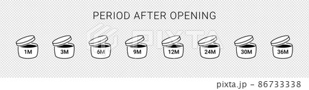 Period after open icons isolated on transparent background. PAO symbols. Round box with cap opened. Expiration period in months signs for cosmetic packaging. Vector illustration 86733338