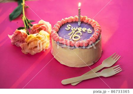 Birthday cake with number 6 on pink background 86733365