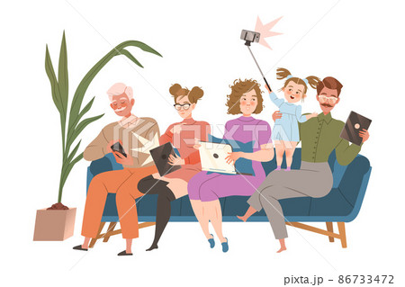 Young people sitting on couch using modern gadgets. Man and woman chatting, making selfie, reading cartoon vector illustration Young people sitting on couch using modern gadgets. Man and woman chatting, making selfie, reading cartoon vector illustration 86733472