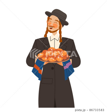 Gastronomic Tourism with Man Character with Side Curls Holding Authentic Jewish Challah Bread with Sesame Seed Vector Illustration 86733583