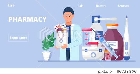 Pharmacy online shop concept for Ui, web, homepage. Pharmacist sells medications, pills. Pharmacy online shop concept for Ui, web, homepage. Pharmacist sells medications, pills. 86733806