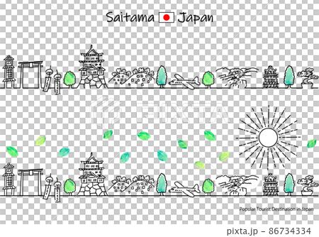 夏の埼玉県の観光地の街並みと太陽のシンプル線画セット 86734334