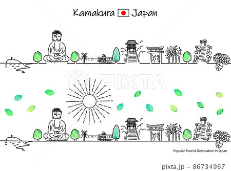 夏の鎌倉の観光地の街並みと太陽のシンプル線画セット 86734967