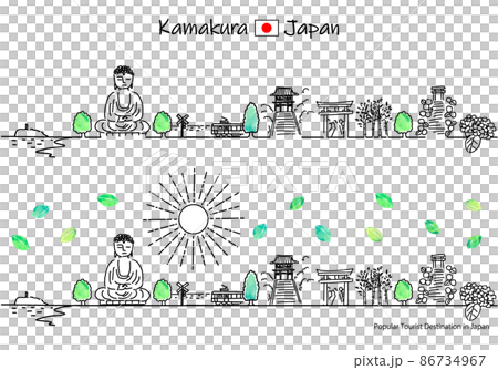 夏の鎌倉の観光地の街並みと太陽のシンプル線画セット 86734967
