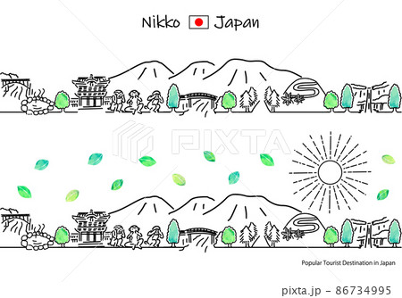夏の日光の観光地の街並みと太陽のシンプル線画セット 86734995