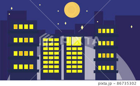 ビル 夜空 イラスト 夜の街 ライトアップのイラスト素材