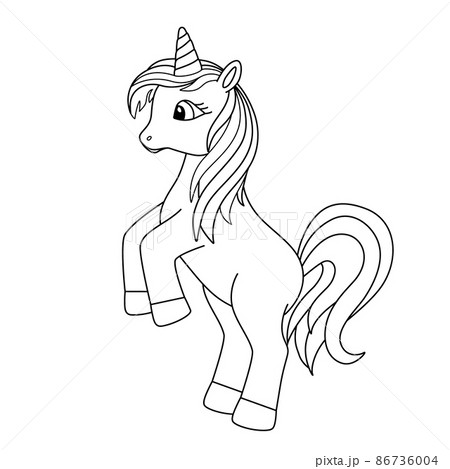 Black outline of a beautiful cartoon unicorn. The animal is standing on its hind legs. Sketch illustration for a coloring book. 86736004