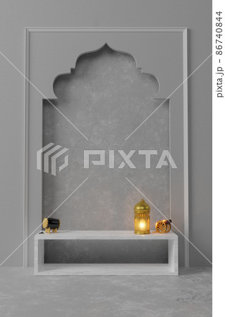 Islamic product display mock up. Podium, crescent moon, lantern, gift box. Ramadan, Islamic New Year. 3D rendering. Islamic product display mock up. Podium, crescent moon, lantern, gift box. Ramadan, Islamic New Year. 3D rendering. 86740844