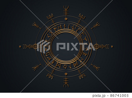 Magic ancient viking art deco, Gold Vegvisir navigation compass ancient. The Vikings used many symbols in accordance to Norse mythology,  widely used in Viking society. Logo icon Wiccan esoteric sign 86741003