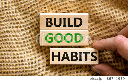 Build good habits symbol. Concept words Build good habits on wooden blocks on beautiful canvas background. Businessman hand. Copy space. Business, psychological build good habits concept. Build good habits symbol. Concept words Build good habits on wooden blocks on beautiful canvas background. Businessman hand. Copy space. Business, psychological build good habits concept. 86741939
