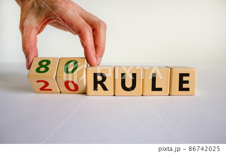 80 on 20 rule symbol. Pareto principle. Male hand flips wooden cubes with words '80 on 20 rule'. Beautiful white background, copy space. Business and 80 on 20 rule, pareto principle concept. 80 on 20 rule symbol. Pareto principle. Male hand flips wooden cubes with words '80 on 20 rule'. Beautiful white background, copy space. Business and 80 on 20 rule, pareto principle concept. 86742025