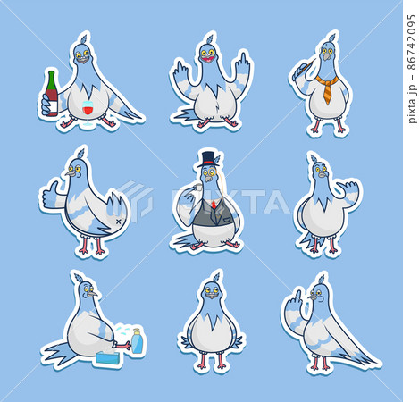 Collection of vector funny prints with Doves. Set of stickers with vulgar birds: alcoholic, egghead, fool, tosser. Templates of illustrations for t-shirts. Collection of vector funny prints with Doves. Set of stickers with vulgar birds: alcoholic, egghead, fool, tosser. Templates of illustrations for t-shirts. 86742095