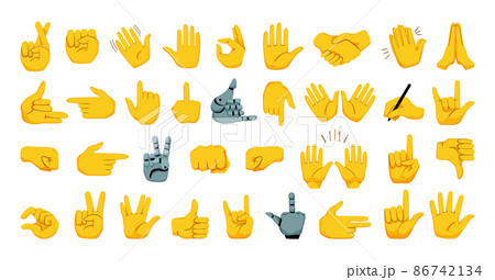 Collection of emoticons for smartphones, apps, creating stickers and cards. Vector hands and gestures in cartoon style. 86742134
