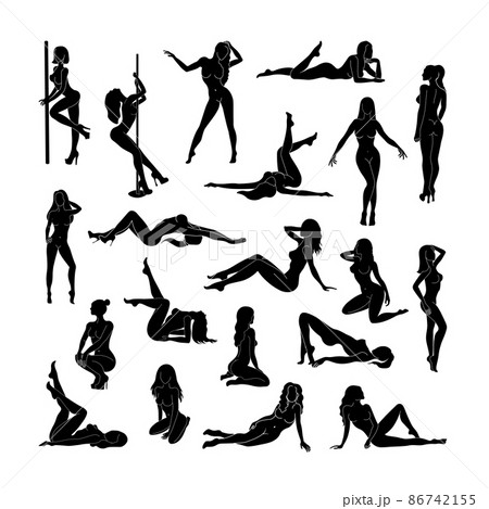 Set of vector black silhouettes of sexy girls in different poses. Girls doing strip plastic and seduction. Naked women collection. 86742155
