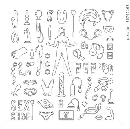 Vector collection of sex games, sexual devices and machines, dildos, vibrators, lubricants, bondage, lingerie, anal, vaginal, and oral items for men, women, and couples. Set in style line and linear. 86742168