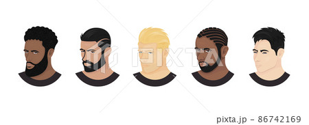 Vector set of race avatars. Collection of handsome men's heads on a white background. Types of common appearance. European, Indian, Arabic, Asian, and Afro. People in style realism. 86742169