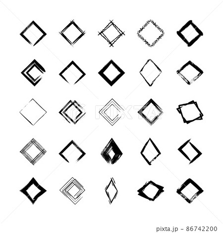 Collection of textured rhombus frames isolated on white background. Set of black templates with splashes and spray in form square and rectangle in a dirty and freehand style. 86742200