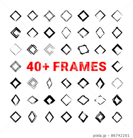 Collection of textured rhombus frames isolated on white background. Set of black templates with splashes and spray in form square and rectangle in a dirty and freehand style. 86742201