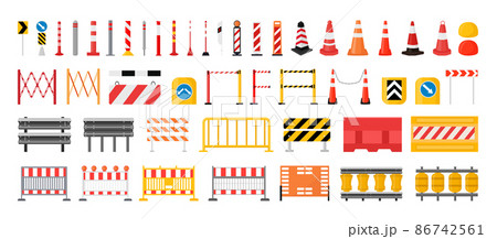 Collection of road barriers and signs. 86742561