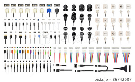 A collection of connectors, plugs, sockets, jacks and cables for different devices. Detailed realistic illustrations. 86742607