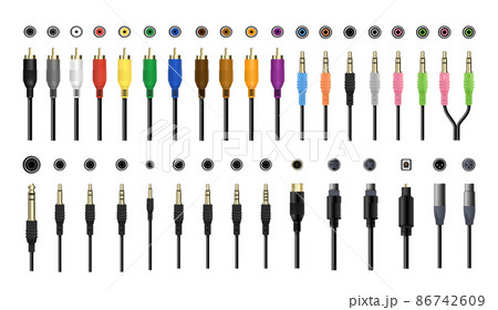 Collection of connectors and jacks for audio and video equipment. Detailed realistic illustrations. 86742609