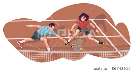 A man and a woman are playing tennis. Colorful detailed illustration with a young couple. Love story of one pair. 86742616