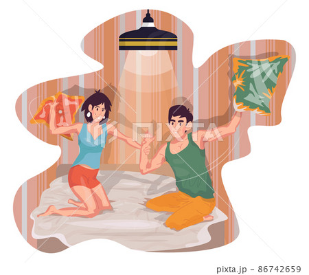 The guy and the girl are fighting with pillows. Colorful detailed illustration with a young couple. Love story of one pair. The guy and the girl are fighting with pillows. Colorful detailed illustration with a young couple. Love story of one pair. 86742659