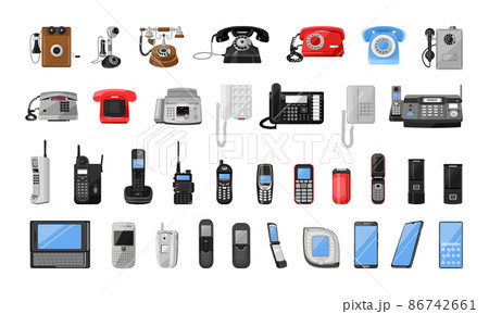 Collection of mobile and stationary telephones. Communication devices. Modern and old telephones. 86742661