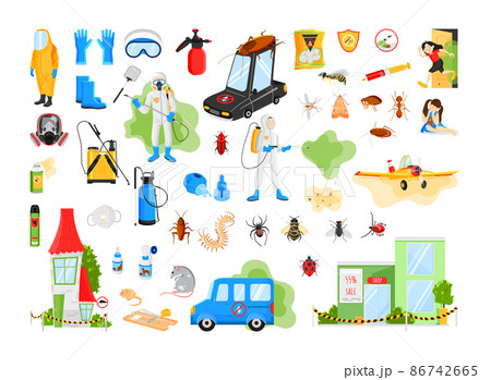 Pest control service. Insect and rodent control equipment illustration set. Pest control service. Insect and rodent control equipment illustration set. 86742665
