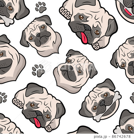 Vector seamless pattern with different cute pugs emoticons. Pastel ornament with funny dogs. 86742678