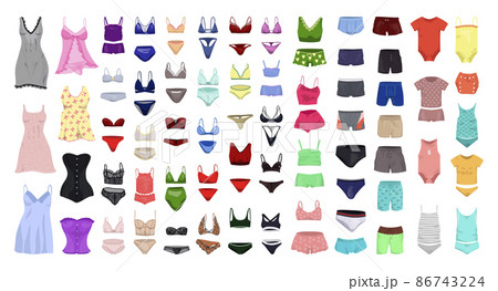 Collection of women's, men's and children's underwear in flat style. Collection of women's, men's and children's underwear in flat style. 86743224
