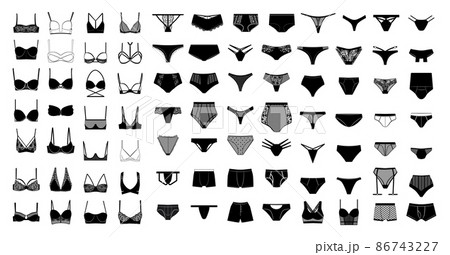 Collection of women's lingeries and men's underpants. Black and white illustrations. 86743227